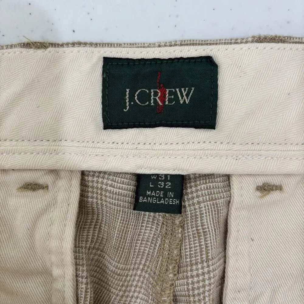 J Crew Oarsman 100% Linen Plaid Pants Beige 31x30 Trousers Preppy Quiet Luxury